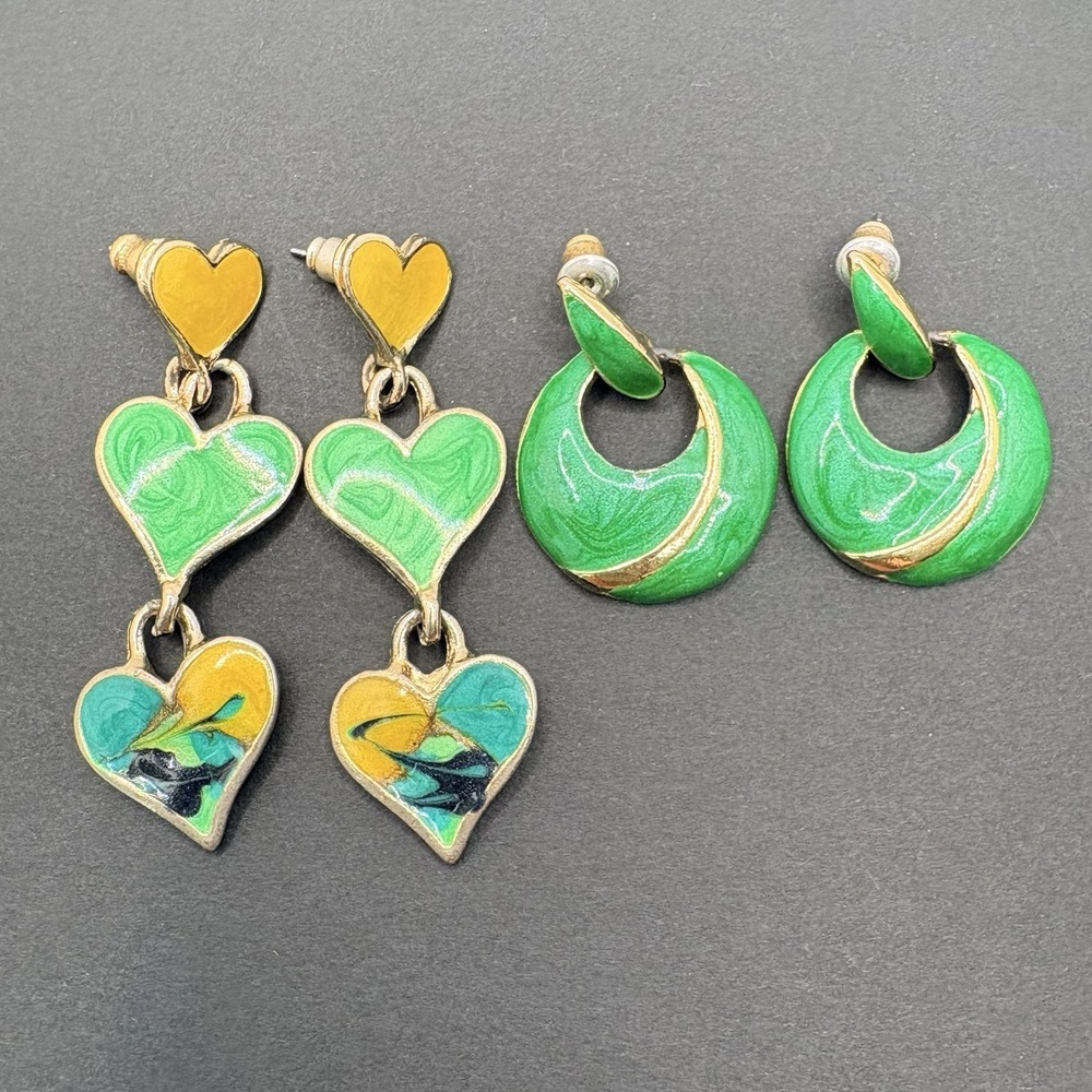 Lot of‎ 2 Green Swirl Enamel Pierced Earrings Hearts Door Knockers Gold Tone